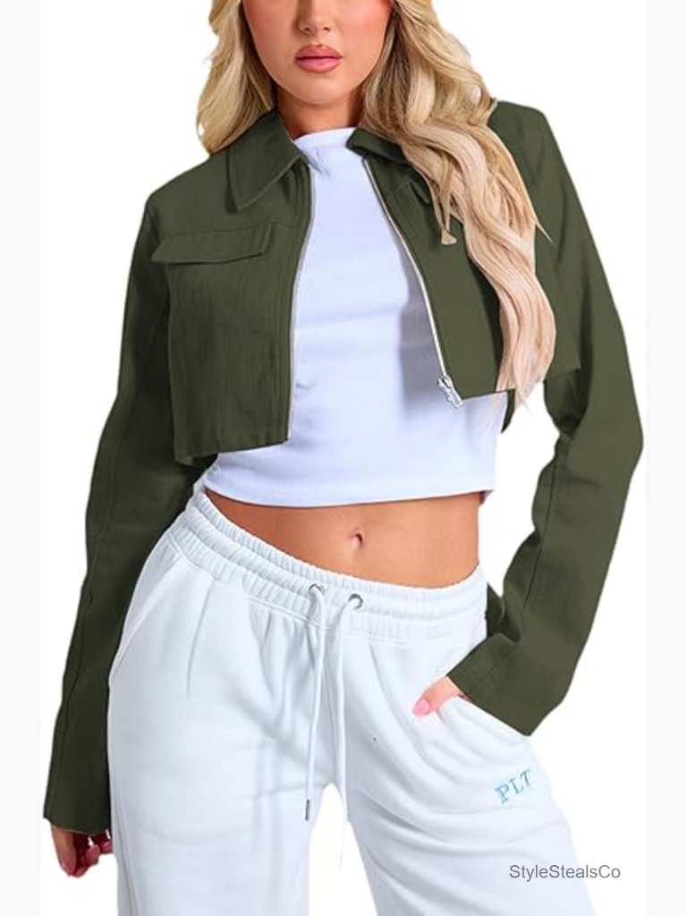 Cropped Casual Jacket Zip Up Lapel Collar Long Sleeve Lightweight Polyester